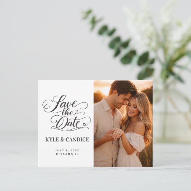 Elegante Convite de Noivado Save the Date Caligraf (Em pé/Frente)