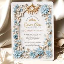 Elegante Convite de Quince Anos Azul e Dourado em