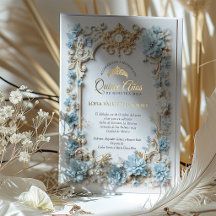 Elegante Convite de Quince Anos Azul e Dourado em