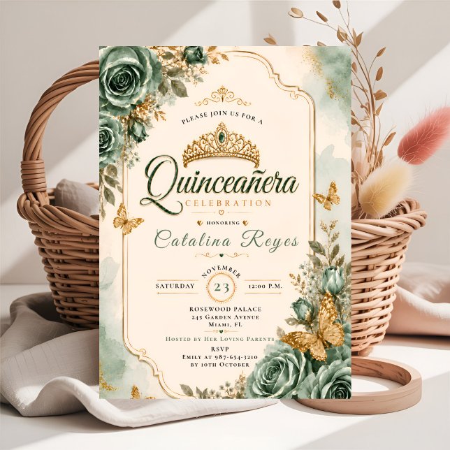 Elegante Convite de Quinze Anos em Verde Sage (Criador carregado)