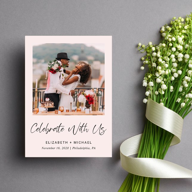 Elegante Convite de Recepção de Casamento Rosa em  (Celebrate your love story with a reception invitation showcasing your favorite wedding photo)
