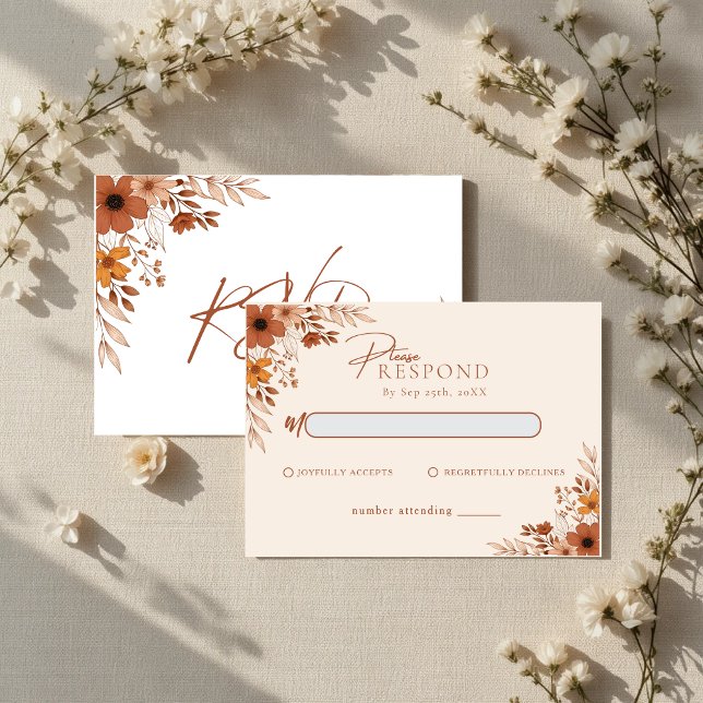 Elegante convite de resposta boho floral desenhado (Elegant boho Floral Hand-Drawn Wedding RSVP Note Card)