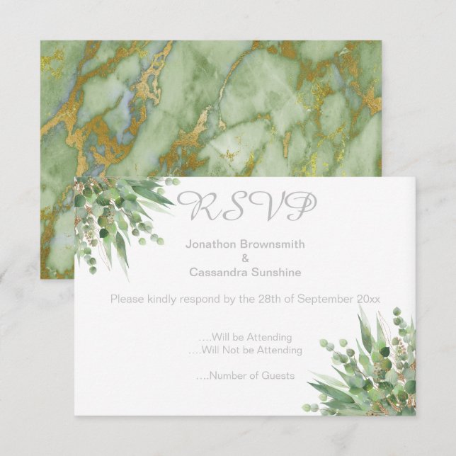 ELEGANTE CONVITE DE RSVP SIMPLES EUCALIPTO PRATA (Frente/Verso)