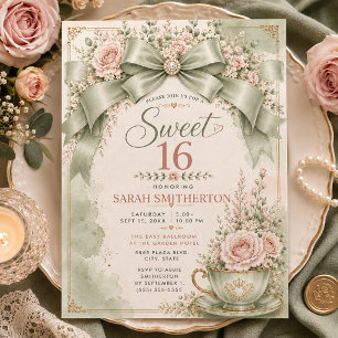 Elegante Convite Sweet 16 Rosa e Verde Sage Coquet