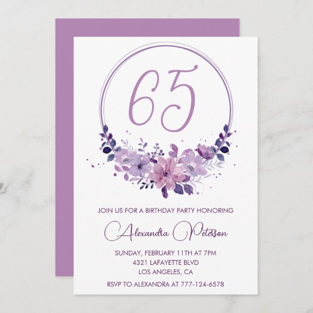 Elegante convites para 65 anos Floral Purple (Frente/Verso)