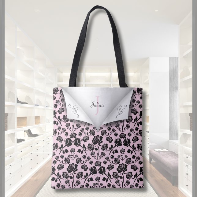 Elegante cor-de-rosa e Rosa preto - Bolsa do nome  (Elegant Pink and Black Rose Monogram Name Tote Bag)