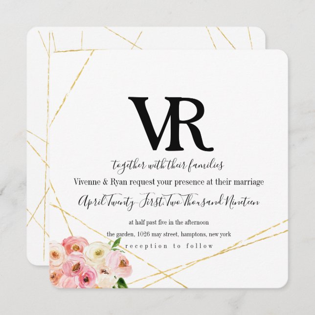 Elegante Coral e Dourado Convite para Casamento (Frente/Verso)