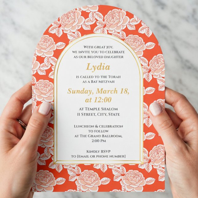 Elegante Coral Floral Bat Mitzvah Convite (Criador carregado)