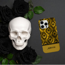 Elegante Crânio Preto e Dourado Gótico Halloween S
