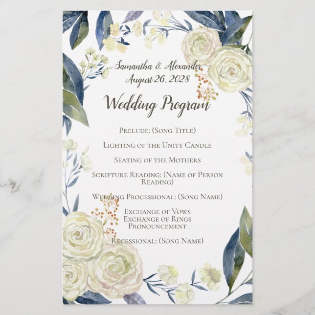 Elegante Cream Blue Watercolor Weding Program (Frente)