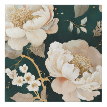 Elegante Cream Peony Faux Canvas - Verde Escuro