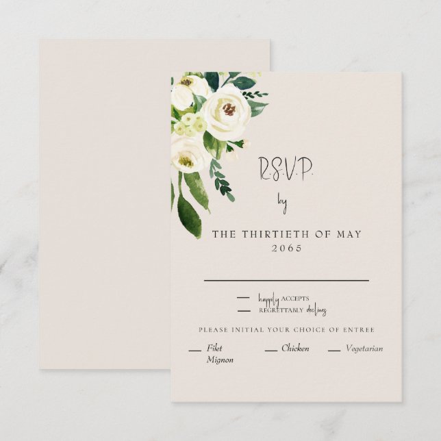Elegante Cream White Floral Janto Modern Font RSVP (Frente/Verso)