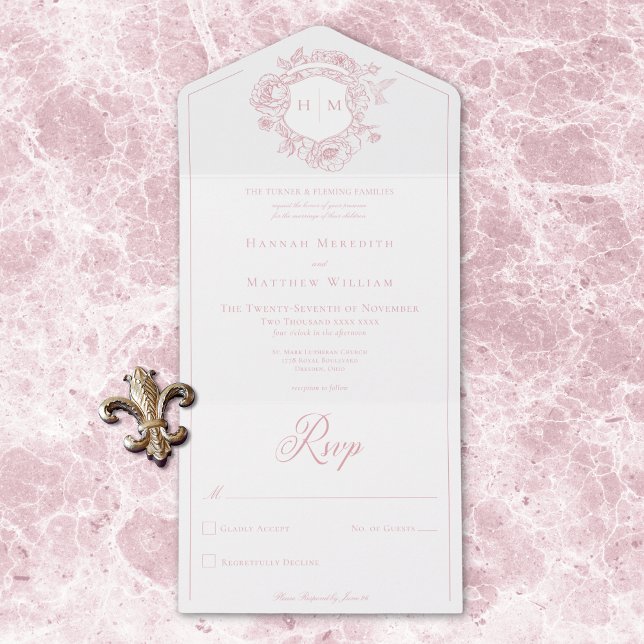 Elegante Crista de Pássaro em Chinoiserie Rosa Cas (Elegant Pink Chinoiserie Bird Crest Wedding QR All All In One Invitation)