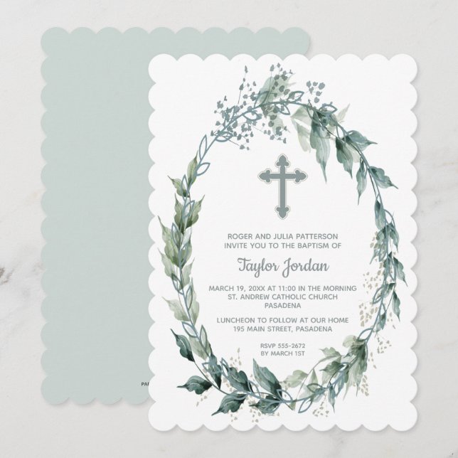 Elegante Cross Greenery Wreath Baptism Convite (Frente/Verso)