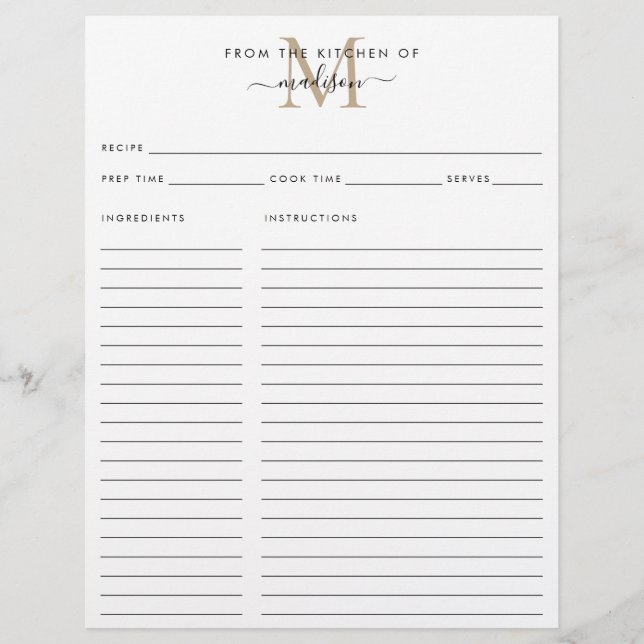 Elegante Da Cozinha Da Receita Dourada Do Monogram (Frente)