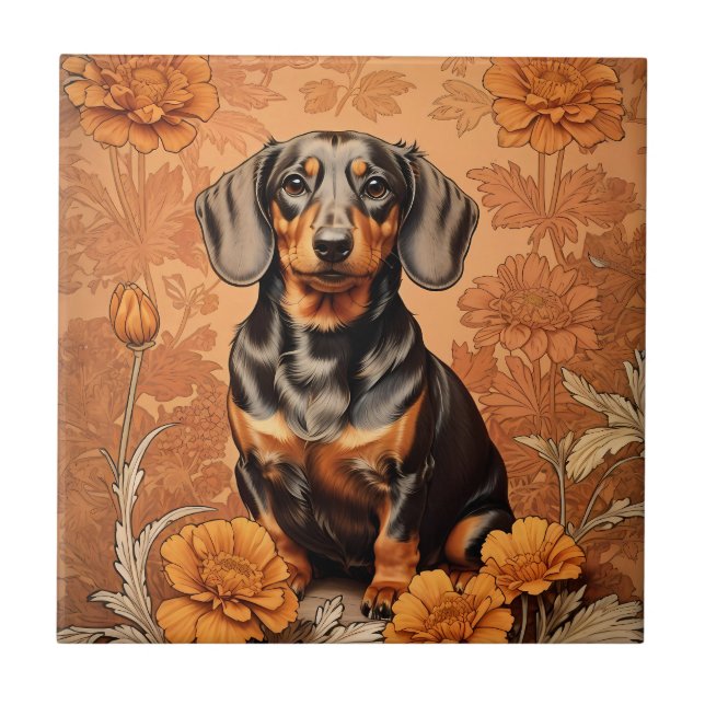 Elegante Dachshund E Marigolds (Frente)