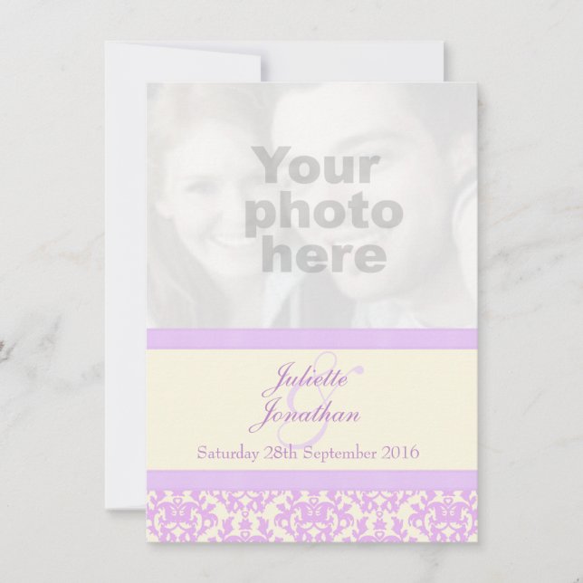 Elegante damask lilac & creme convite para casamen (Frente)
