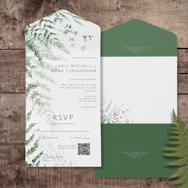 Elegante Delicar Greenery Ferns Código QR (Elegant Delicate Greenery Ferns All In One Wedding Invitation with QR Code)