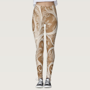 Elegante Desenho Branco Intrincado em Leggings Beg