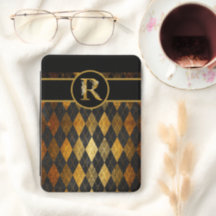 Elegante Design Argyle Preto e Dourado com Monogra