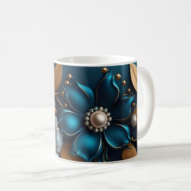 Elegante Design de Flor 3D, Xícara de Café com Pad (Frente Esquerda)