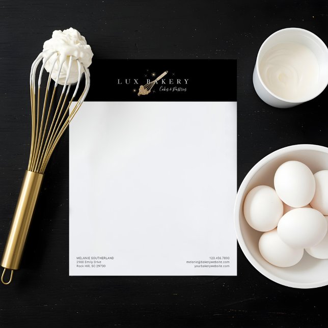 Elegante Dourada Panorâmica de Whisk Letterhead (Elegant Gold Glitter Bakery Whisk Letterhead)