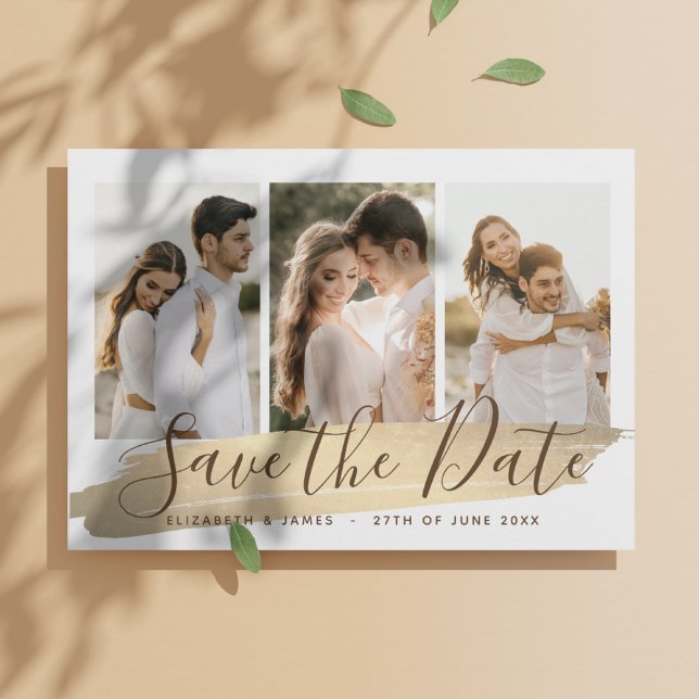 Elegante Dourado 4 Foto Para Salvar O Convite de c (4 photo Elegant Save the Date Wedding Invitation - Bohemian, gold
)