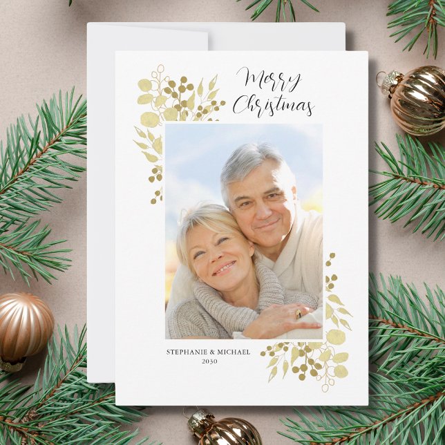 Elegante Dourado Greenery Feliz Foto de Natal (Criador carregado)