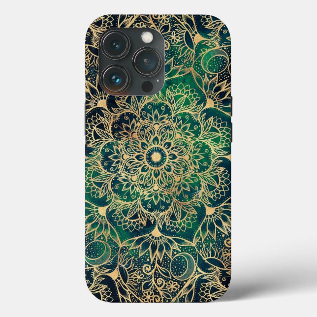 Elegante Dourado Mandala Floral Verde Azul (Verso)