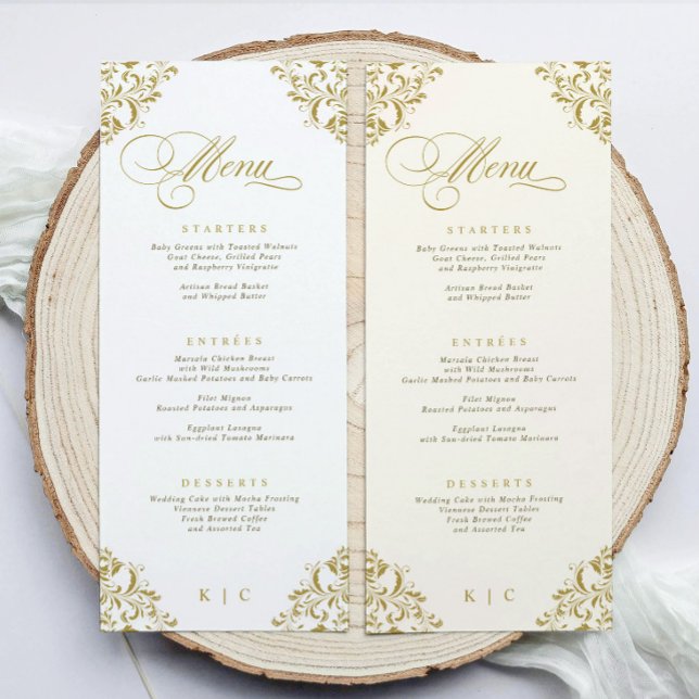 Elegante Dourado Menu Casamento de Luxo (Luxury gold wedding menu with elegant script—perfect for formal place settings)
