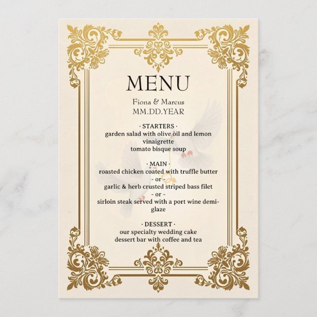 Elegante Dourado Menu de Casamento Cartão de Luxo (Frente)