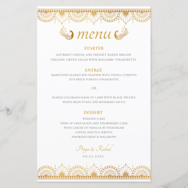 Elegante Dourado Menu de Casamento Indiano (Frente)