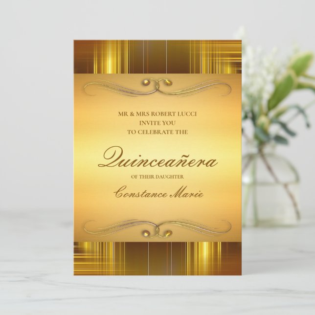 Elegante Dourado no Convite Quinceanera Dourado (Em pé/Frente)