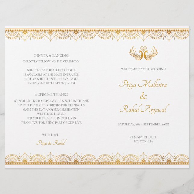 Elegante Dourado Programa de Casamento Indiano (Frente)