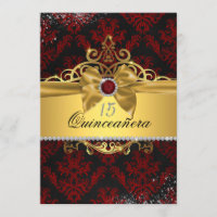 Elegante Dourado Red Damask Quinceanera Convite
