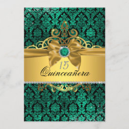 Elegante Dourado Teal Damask Quinceanera Convite