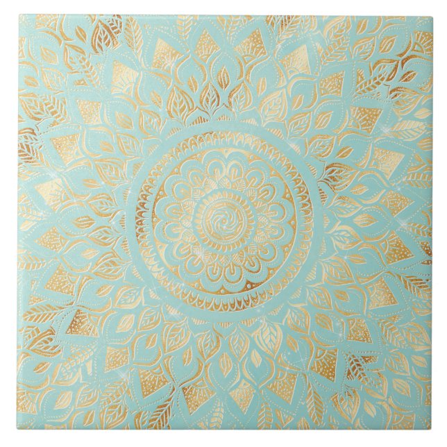 Elegante Dourado Teal Mandala Floral (Frente)