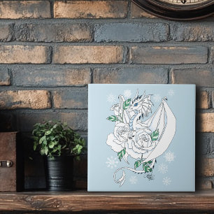 Elegante Dragão de Gelo Branco Rosas Azuis Fantasi