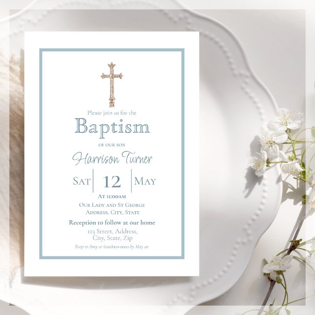 Elegante Dusty Blue | Convite Baptism (Criador carregado)
