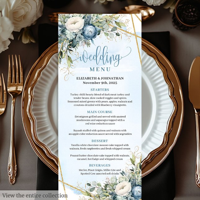 Elegante Dusty Blue Dourado Menu Floral (Elegant Dusty Blue Peonies Gold Frame Wedding Menu

)