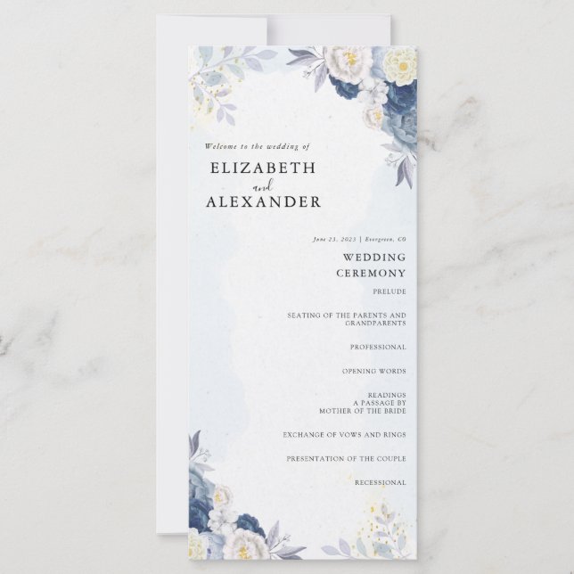 Elegante Dusty Blue e Dourado Programa de Casament (Frente)