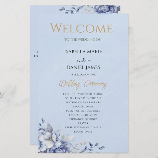 Elegante Dusty Blue Floral Ceremony Program (Frente/Verso)