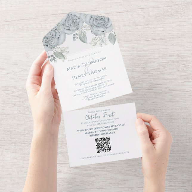 Elegante Dusty Blue Floral Código QR Orçamento Cas (Aba destacável)