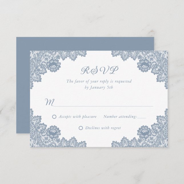 Elegante Dusty Blue Floral Lace Casamento RSVP (Frente/Verso)