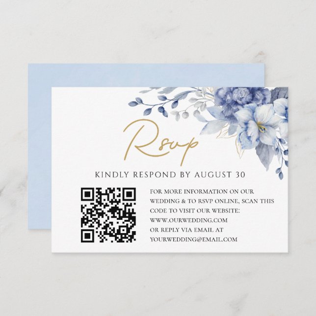 Elegante Dusty Blue gold Código QR RSVP (Frente/Verso)