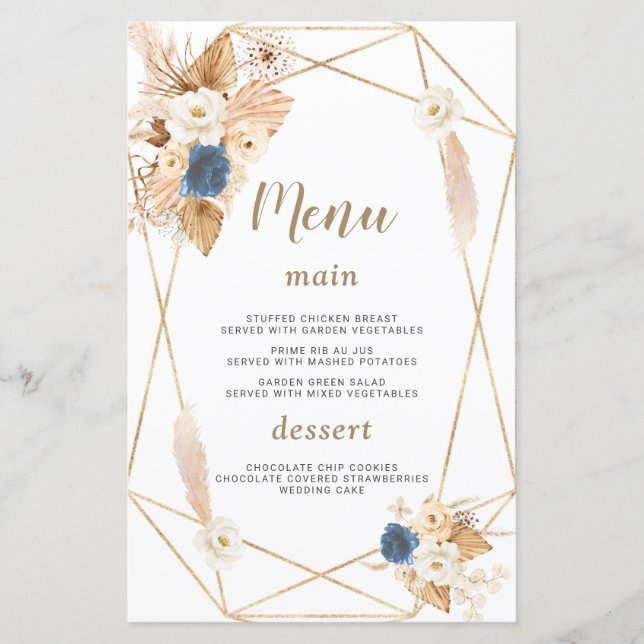 Elegante Dusty Blue Peach Rosa Menu de Casamento (Frente)
