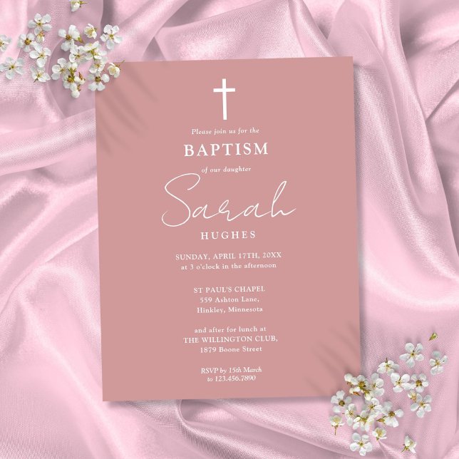 Elegante Dusty Rosa Baptism Convite Cristal (Elegant Dusty Rose Baptism Christening Invitation Postcard)