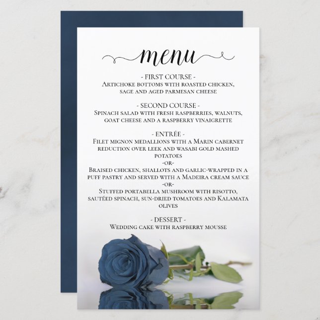 Elegante Dusty Steel Blue Rosa Budget Menu Casamen (Frente/Verso)