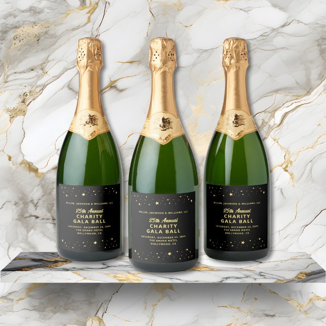 Elegante Elegante Charity Gala Stars Dourados (Elegant Charity Gala Event Black Gold Stars Sparkling Wine Label with Company and Event Details.)
