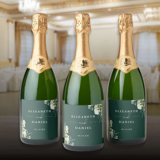 Elegante Emerald Floral Greenery Casamento (Elegant Emerald Floral Greenery Wedding Sparkling Wine Label)